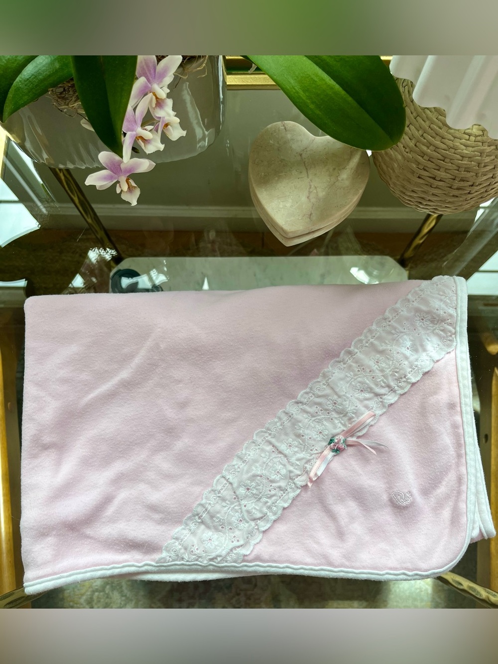 BABY DIOR Pink Receiving Blanket Rosette Lace Accent Embroidered Logo Vintage